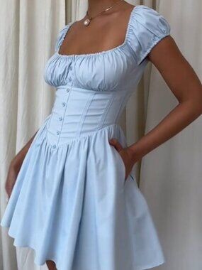 House of CB NALA Nantucket Blue Corset Puff-Sleeve Mini Dress